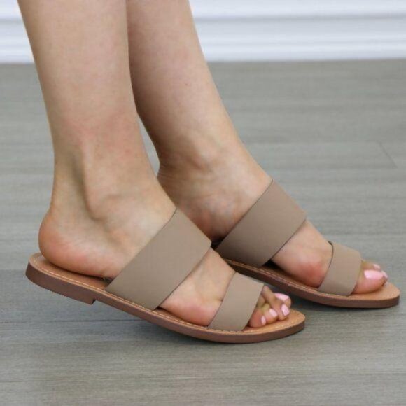 Slip On 2 Strap Flat Sandal Tan Faux Leather - Picture 8 of 8